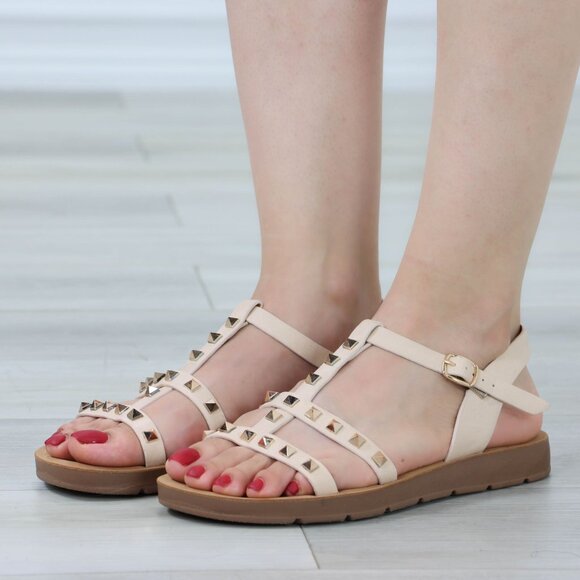 Nude Gladiator Sandal Comfy Flat Sole Metal Studs With Ankle Strap - Picture 2 of 11
